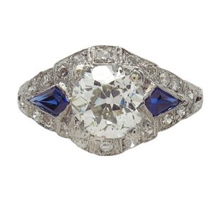 Platinum Art Deco 2 carat Old European Diamond with Sapphire Shield Engagement Ring GIA Certified