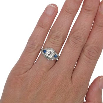 Platinum Art Deco 2 carat Old European Diamond with Sapphire Shield Engagement Ring GIA Certified Worn