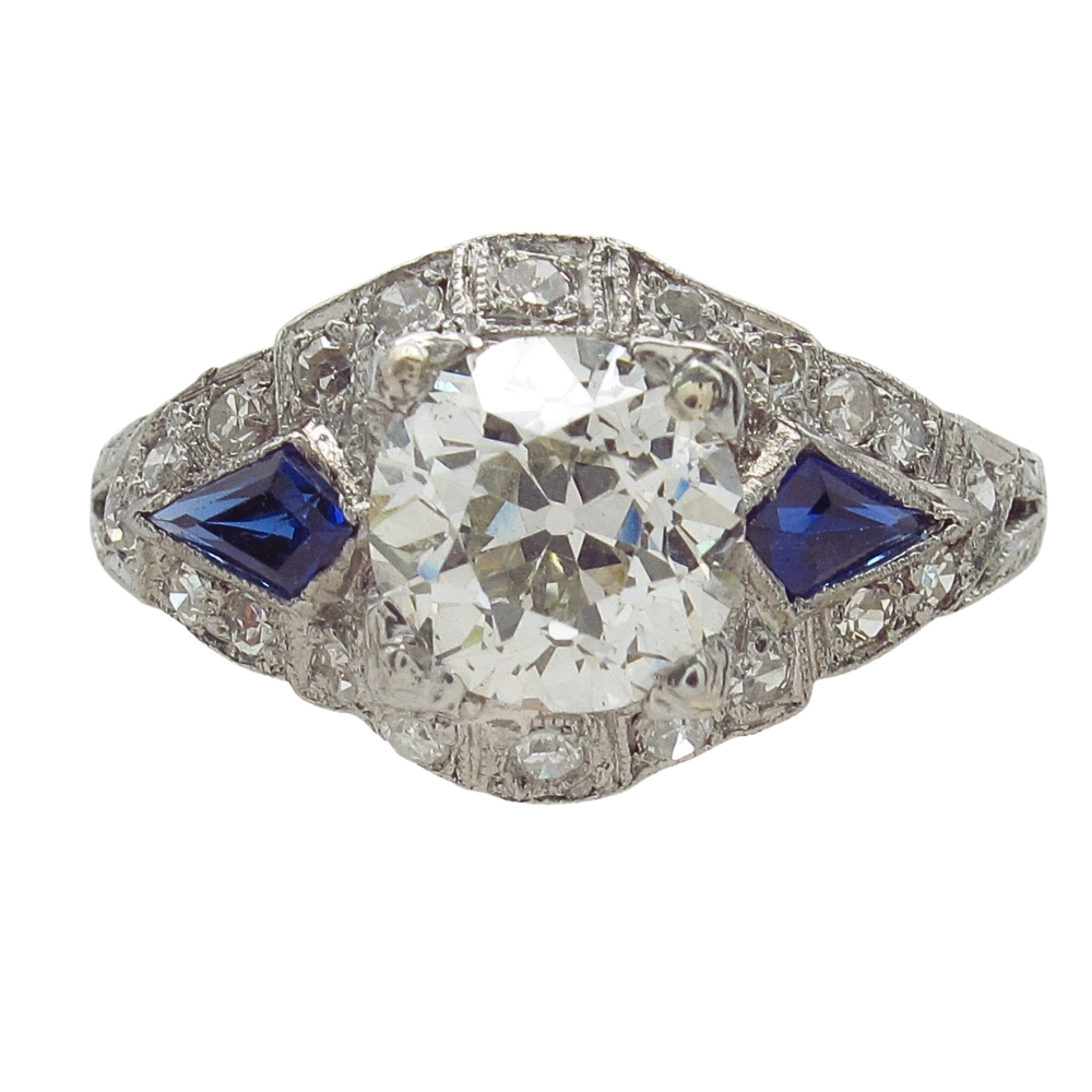 Art Deco Diamond & Sapphire 2.15ctw Platinum Engagement Ring