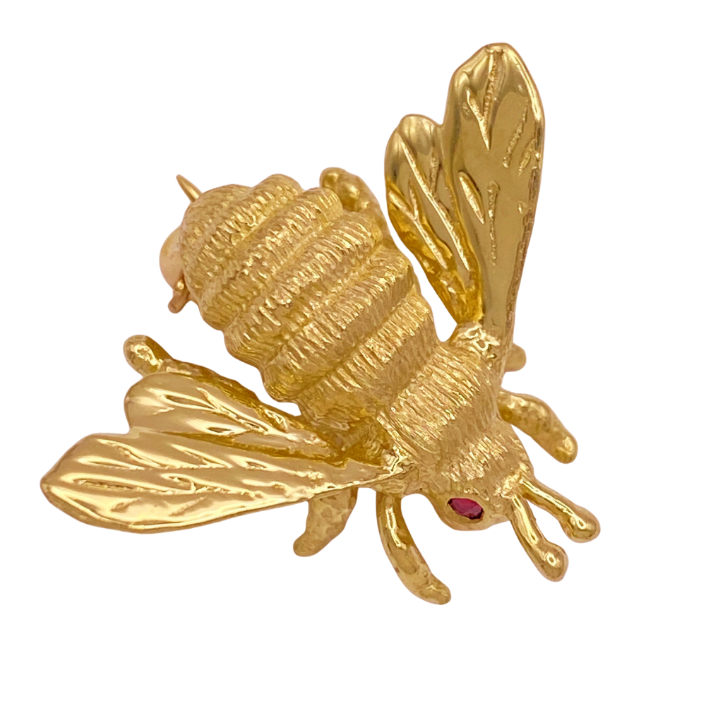 Vintage BEE Pin Brooch 14K Gold Ruby Accent