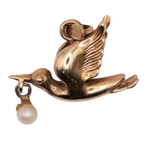 Stork Holding Pearl 9k Yellow Gold