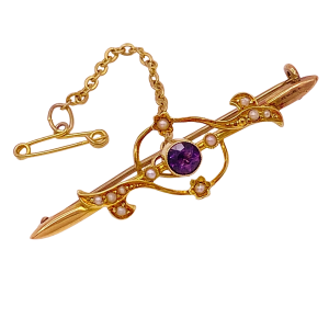 Victorian Brooch Pin 15K Seed Pearl Amethyst