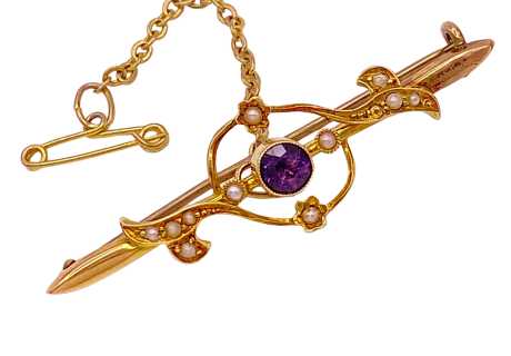 Victorian Brooch Pin 15K Seed Pearl Amethyst