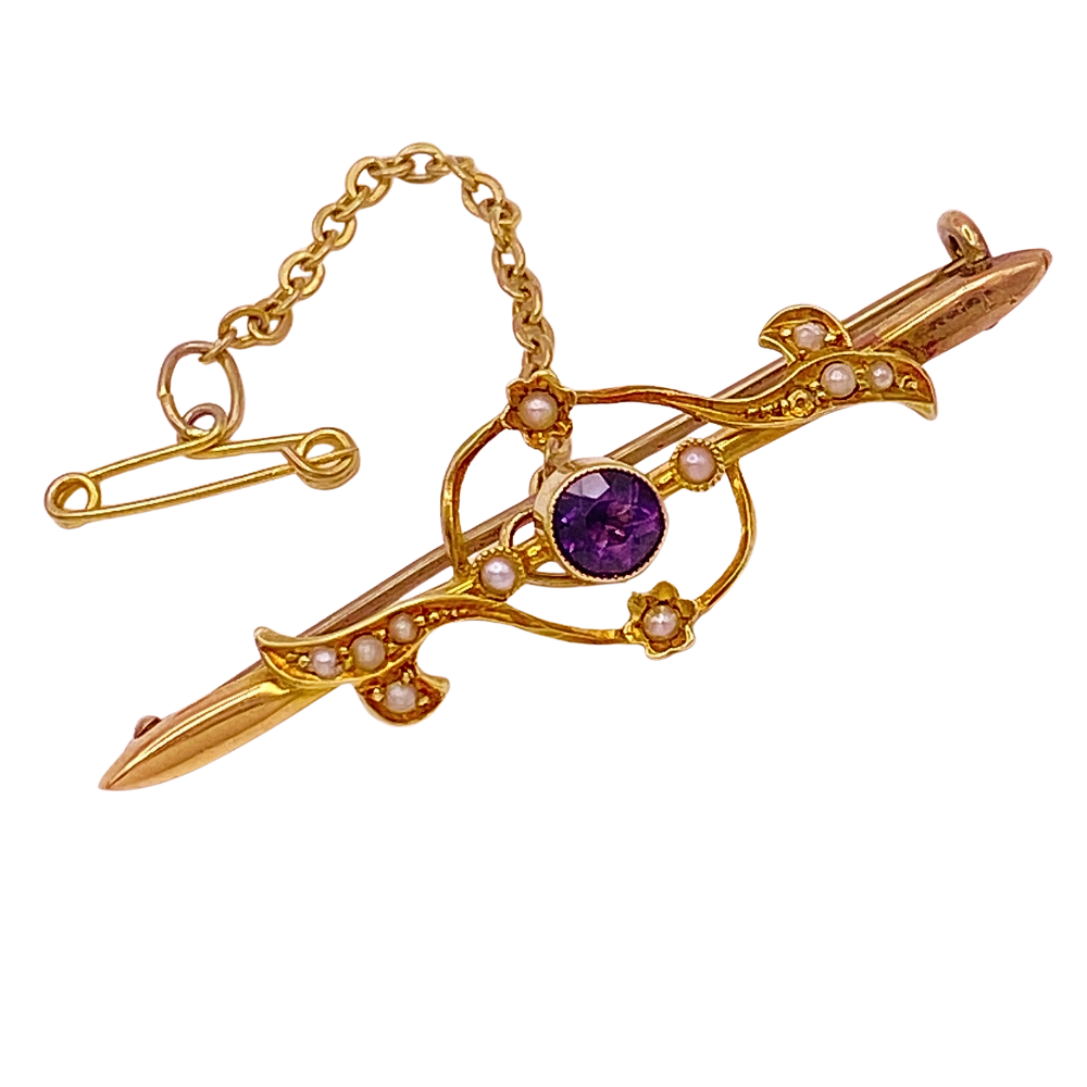 Victorian Brooch Pin 15K Gold Seed Pearl and Amethyst