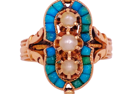 Victorian Era Turquoise and Pearl Ring 18K