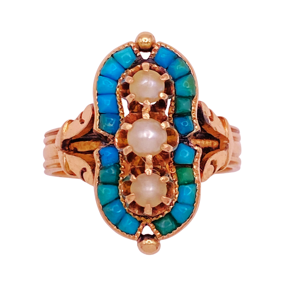 Gorgeous Victorian Era Seed Pearl and Turquoise Ring 18K Rose Gold