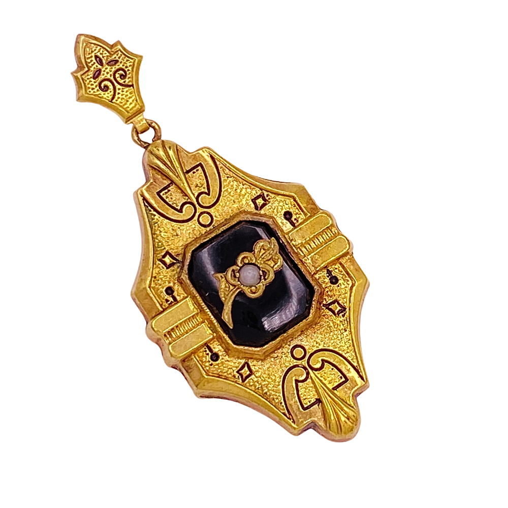 Victorian Mourning Era Pendant 14K Gold Onyx Seed Pearl Black Enamel