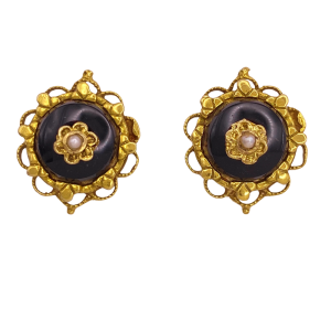 Victorian Revival Earrings 14K Onyx Seed Pearl