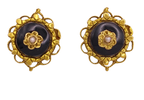Victorian Revival Earrings 14K Onyx Seed Pearl