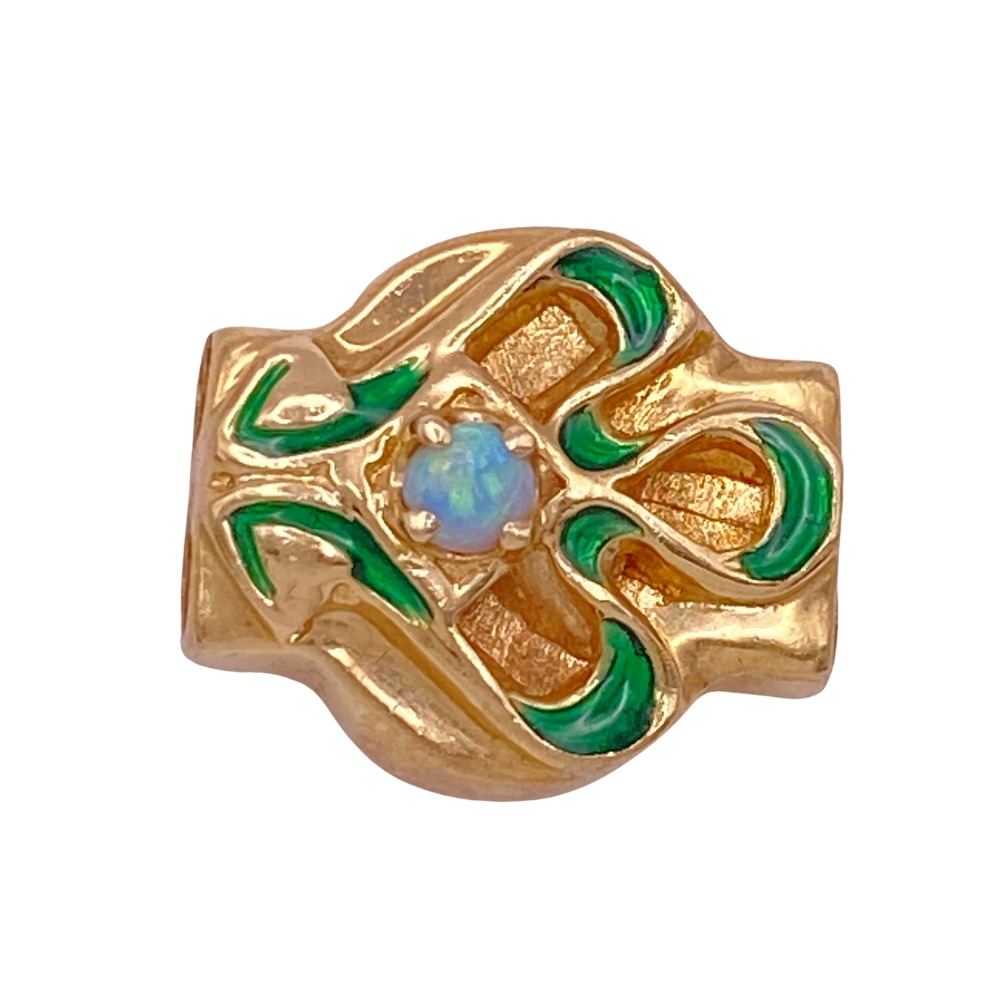 Art Nouveau Style Victorian Revival Slide Charm 14K Gold Opal and Green Enamel
