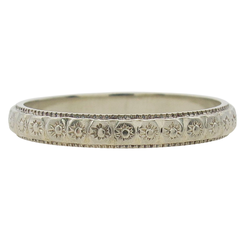 Vintage Hand Tooled Ladies Wedding Band 18k White Gold