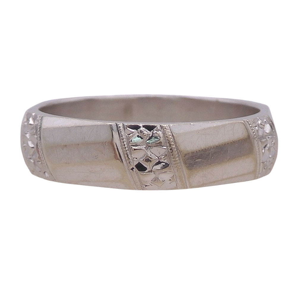 Men’s Vintage Mid Century Mirror Beveled Floral Wedding Band 14k White Gold