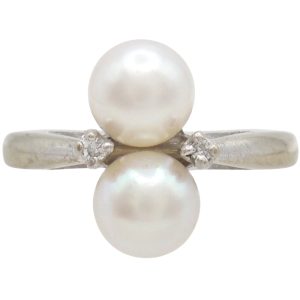 Vintage Two-Stone Cultured Pearl Ring 14K White Gold front