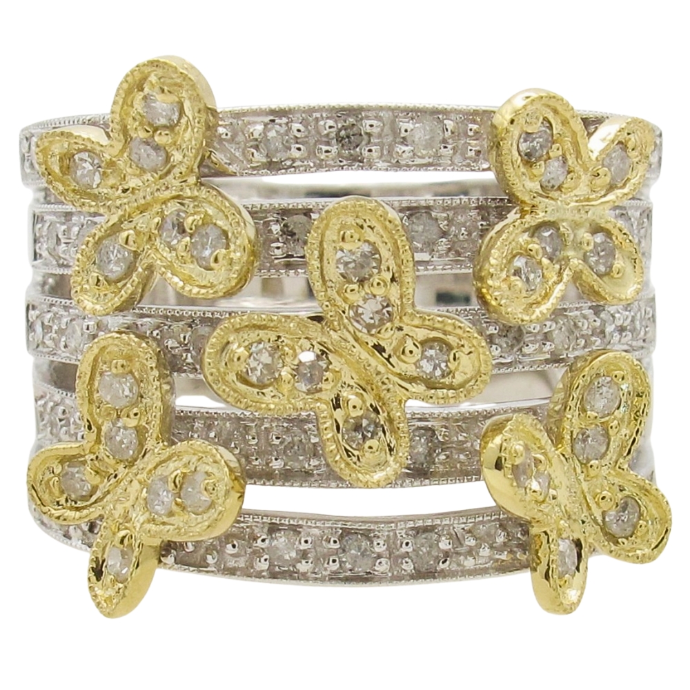 Wide Three Dimensional Diamond Butterfly Ring 14k Two Tone