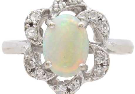 0.83ctw Opal Ring with Diamond Halo in 14K White Gold front