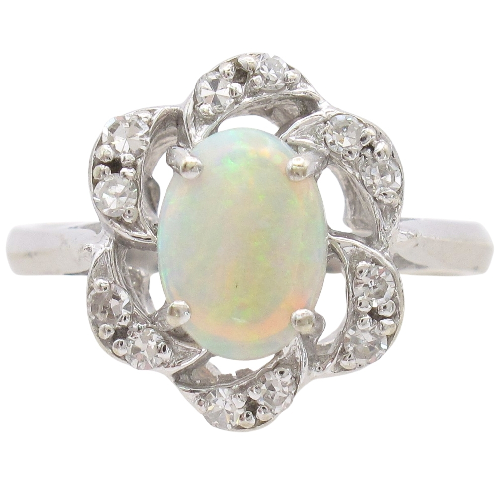 0.83ctw Opal Ring with Diamond Halo in 14K White Gold