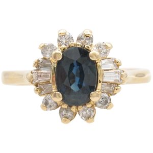 1.47ctw Blue Sapphire Ring with Diamond Halo in 14K Gold front