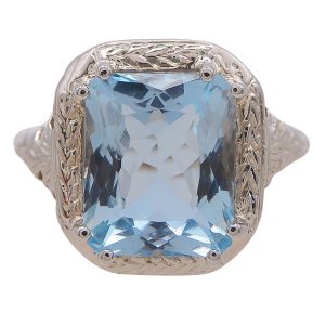 Art Deco Aquamarine 3 carat Hand Engraved Solitaire Ring White Gold