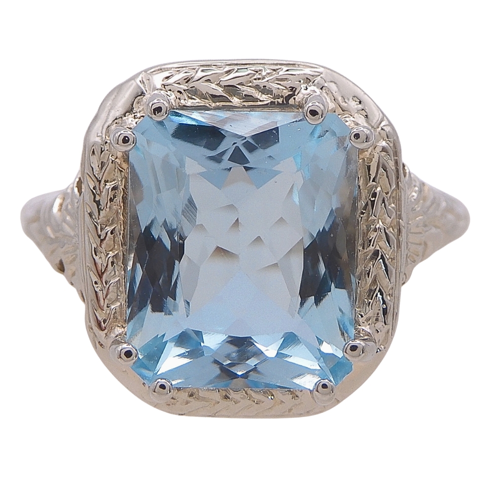 Art Deco 3.38ct Aquamarine Solitaire Ring 14k White Gold