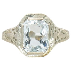 Art Deco Radiant Cut Aquamarine Ring in 14K White Gold Front