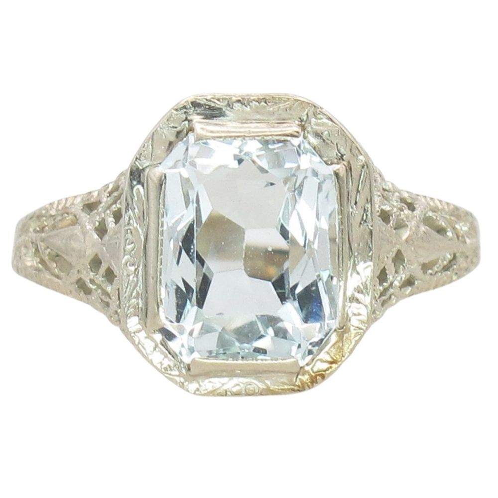 Art Deco Radiant Cut Aquamarine Ring 14K