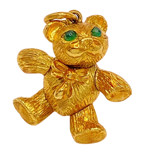 Articulated Teddy Bear Charm 18K Gold Emerald