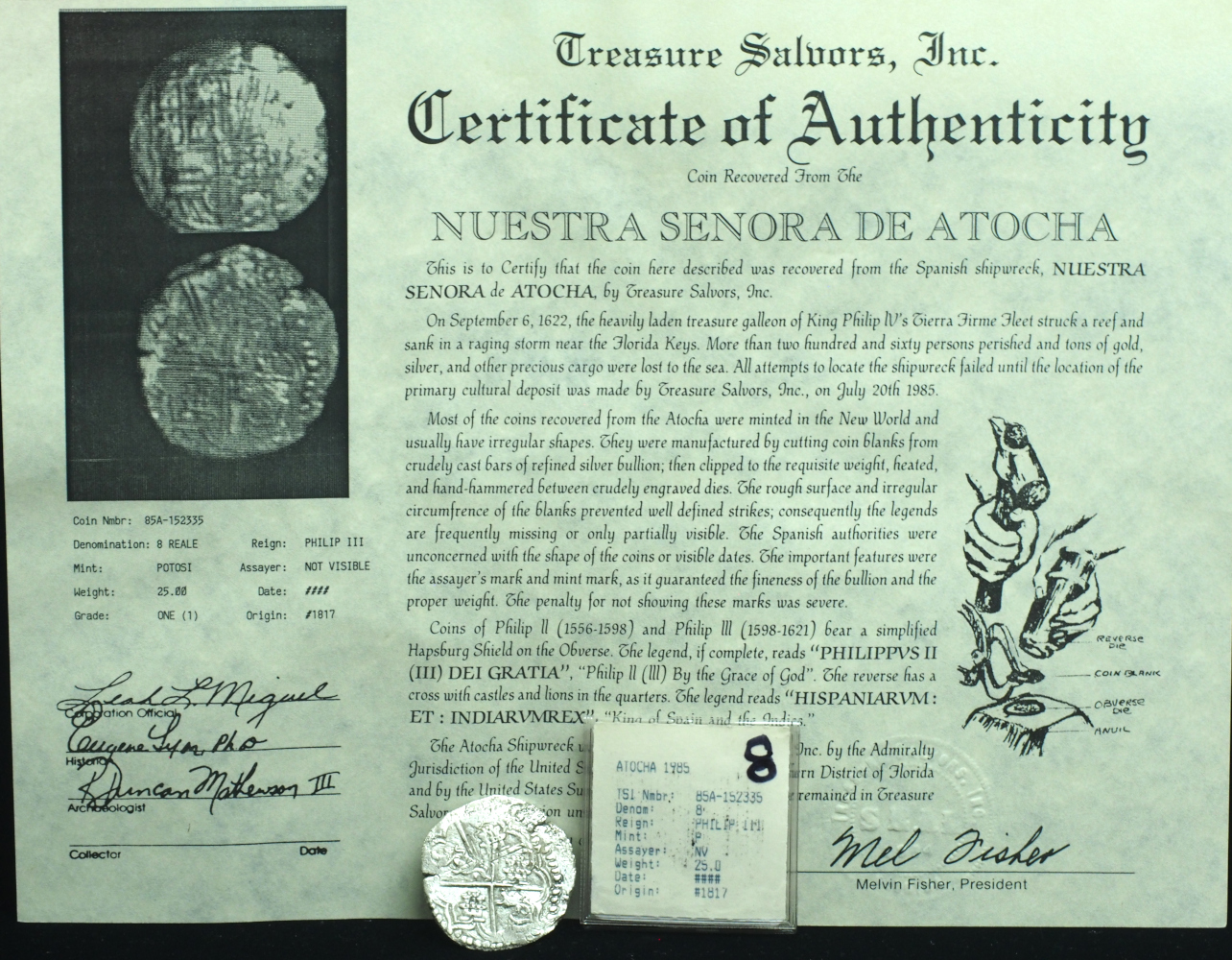 Atocha Shipwreck 8 Reales Grade 1 with CoA #152335 – Double Struck Spanish Treasure Coin