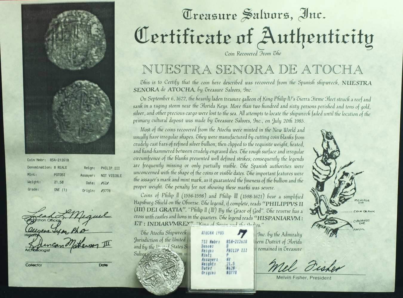 Atocha Shipwreck 8 Reales Grade 1 Partial Date with CoA #212618 – Premium Spanish Treasure Coin