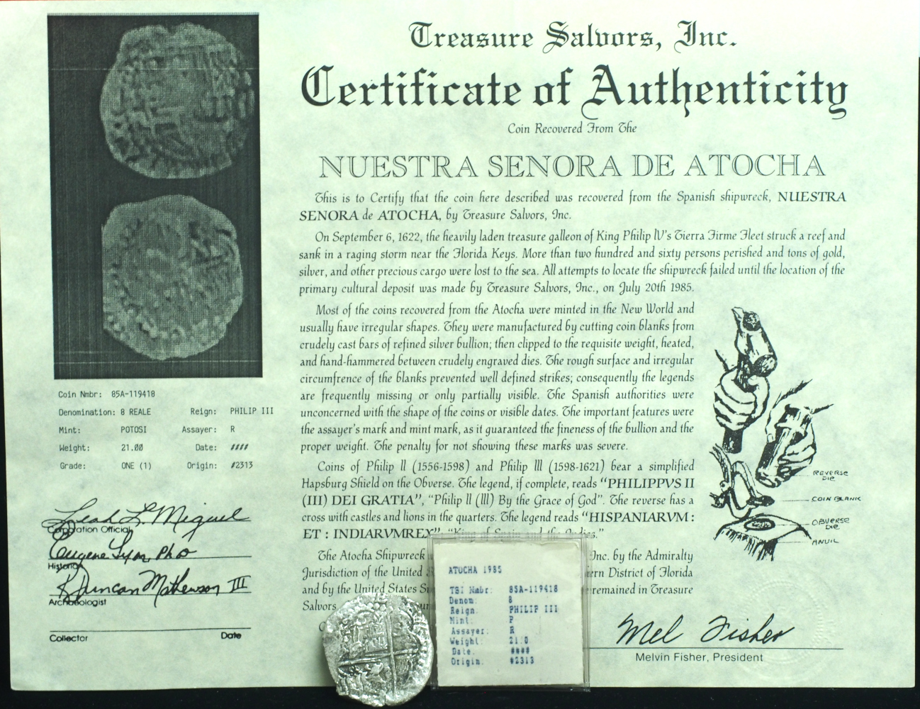 Atocha Shipwreck 8 Reales Grade 1 Rincon Assayer with CoA #119418 – Premium Spanish Treasure Coin