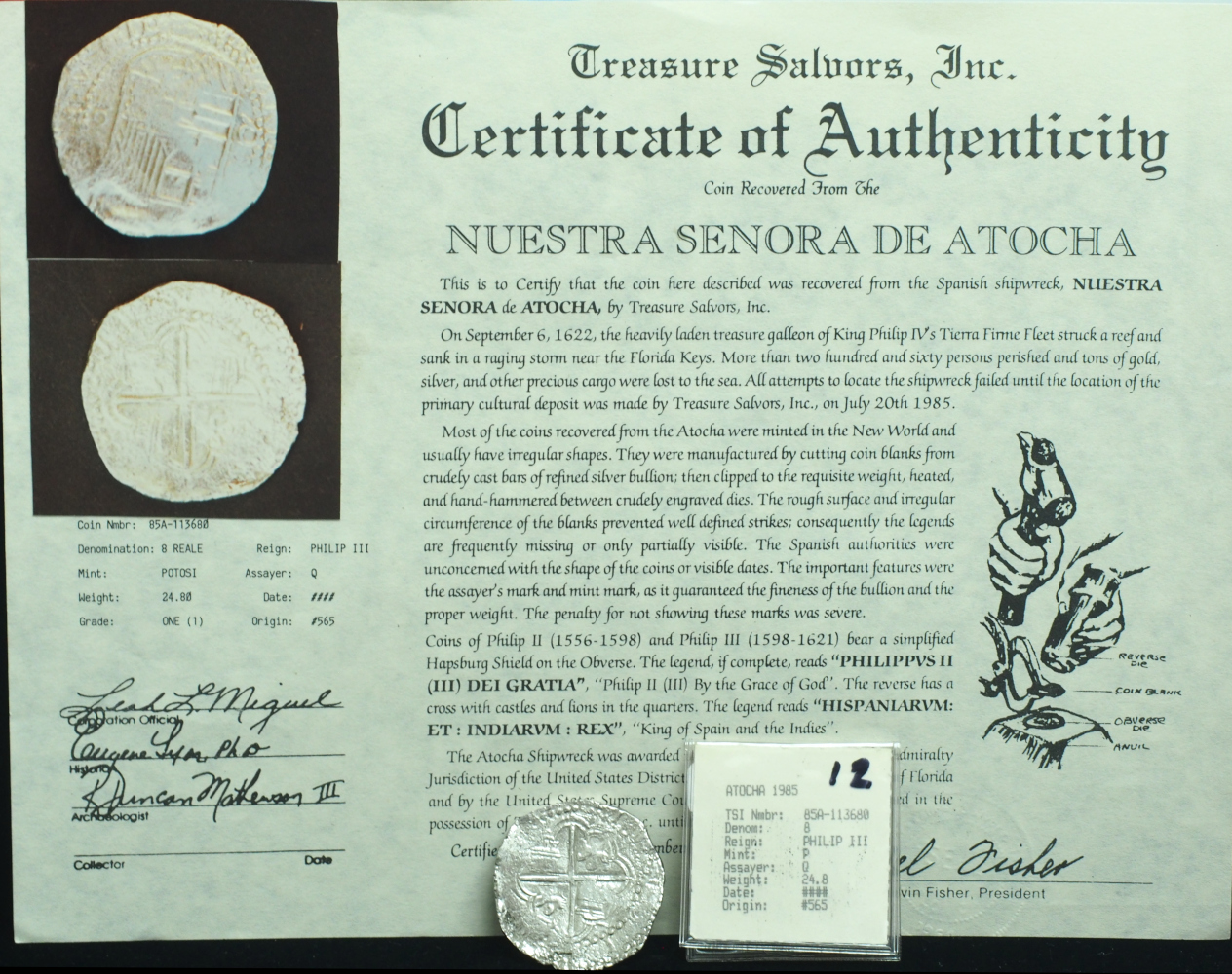 Atocha Shipwreck 8 Reales Grade 1 Perfect Full Strike with CoA #113680 – Exceptional Spanish Treasure Coin