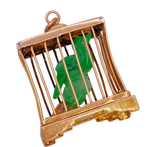 Big Caged Jade Bird Charm Pendant 14K Gold
