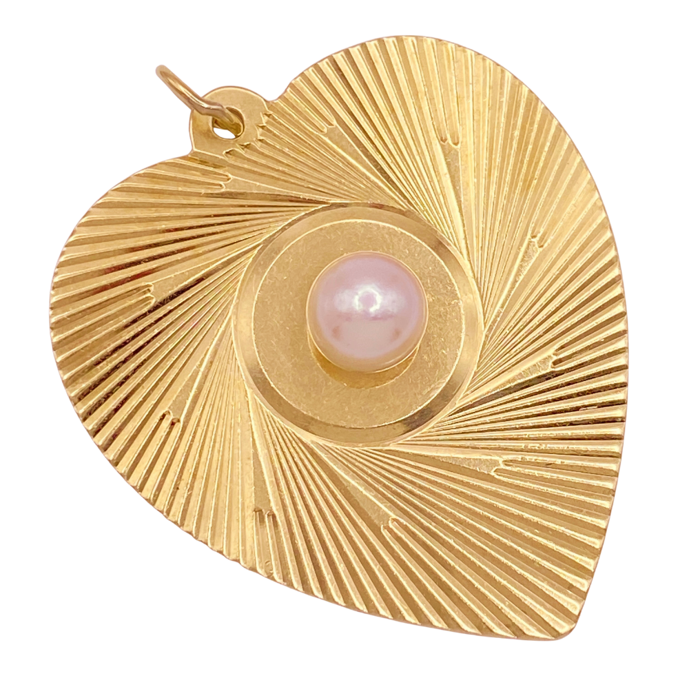 Big Vintage HEART Charm 14K Gold Cultured Pearl Accent