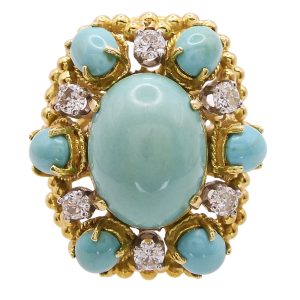 Dramatic Turquoise Diamond Vintage Cocktail Ring 18k Gold