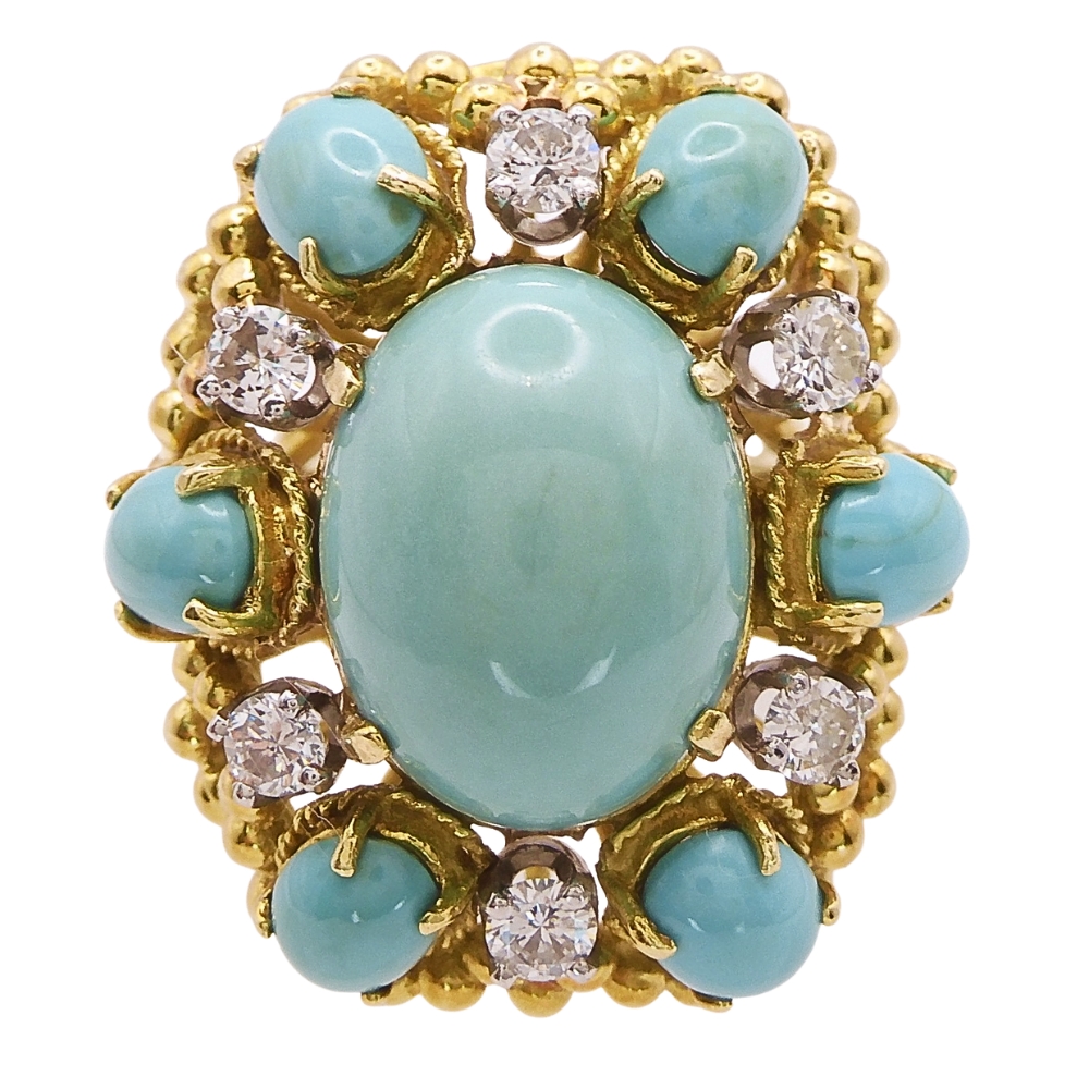 Opulent Persian Turquoise & Diamond Vintage Ring 18k Yellow Gold