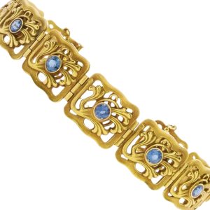 Art Nouveau Cornflower Sapphire Riker Brother Panel Bracelet 14k Gold
