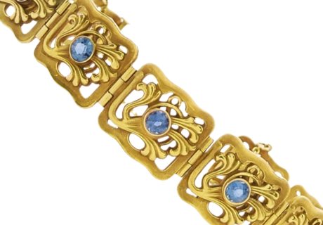 Art Nouveau Cornflower Sapphire Riker Brother Panel Bracelet 14k Gold