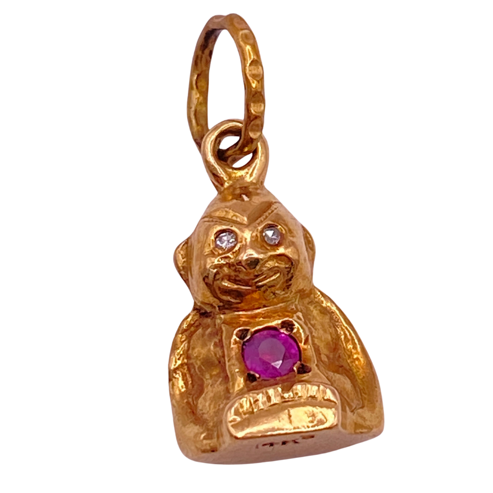 Edwardian Era Lucky Billiken Charm 14K Gold Ruby and Diamond Accent .15 Carat TGW