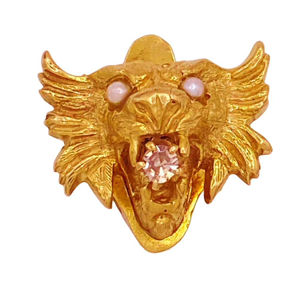 Edwardian Era Slide Charm Figural LION 14K Gold Diamond Seed Pearl