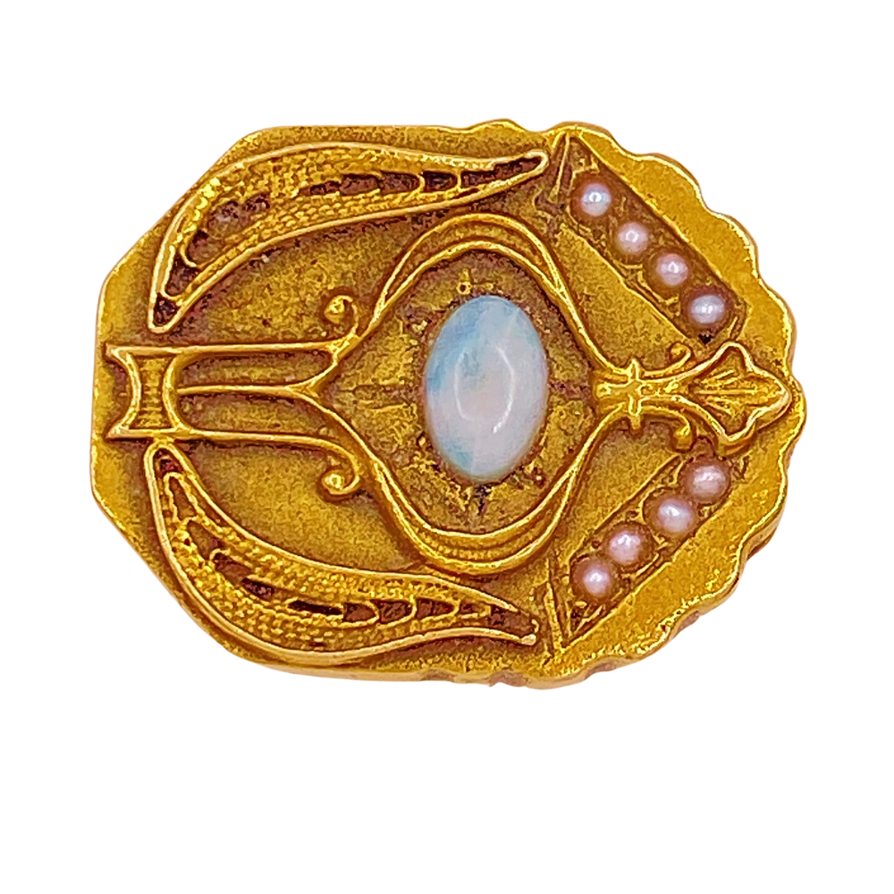 Edwardian Era Slide Charm 14K Gold Natural Opal and Seed Pearl