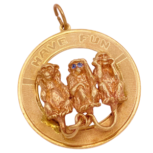 Have Fun Monkey Vintage BIG Charm 14K Gold Sapphire