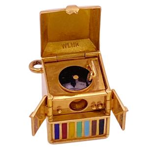 Moving Record Player Stanhope Charm Lampl 14K Gold Enamel