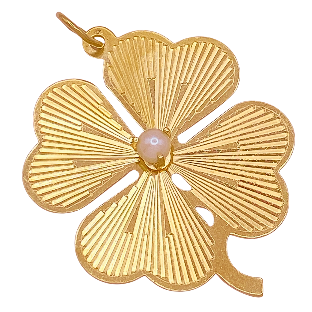 Big Vintage Luck Charm Four-Leaf Clover 14K Gold Cultured Pearl Accent