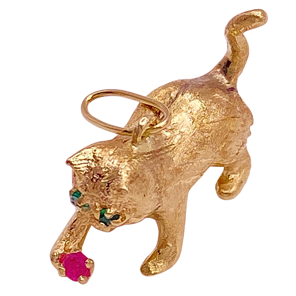 Vintage Playful Kitten Charm 14K Gold Emerald & Ruby Accent Reversible Three-Dimensional