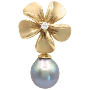 South Sea Pearl Plumeria Flower Pendant 14K Gold front