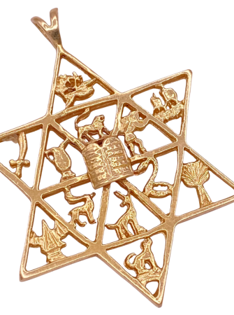 Twelve Tribes of Israel Pendant Charm 14K Gold, Star of David, 10 Commandments
