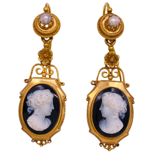 Victorian Era Dangle Earrings 14K Gold Agate Cameo Pearl