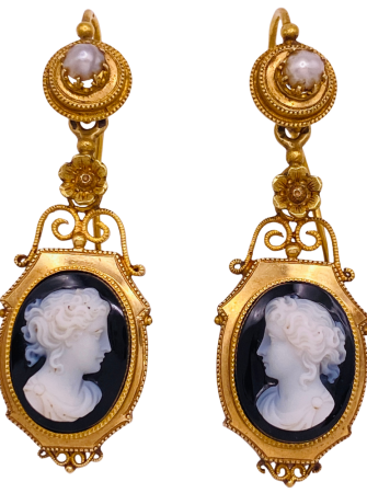Gorgeous Victorian Era Long Dangle Earrings 14K Gold Agate Cameo and Pearl