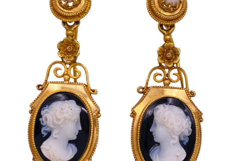 Victorian Era Dangle Earrings 14K Gold Agate Cameo Pearl