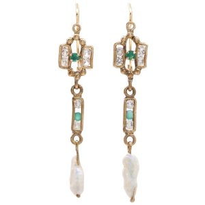 Victorian Era Quartz, Faux Emerald, & Pearl Dangle Earrings 14K Gold front
