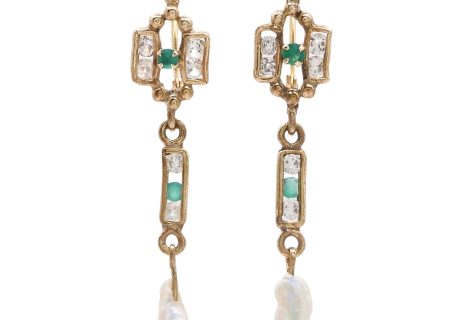 Victorian Era Quartz, Faux Emerald, & Pearl Dangle Earrings 14K Gold front